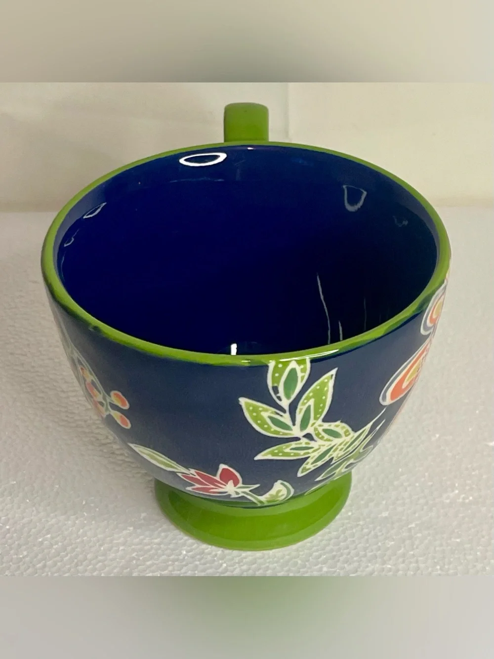 Anthropology Ella Ayaka Decorative Footed Slipware Coffee Cup 12 Oz Blue Green